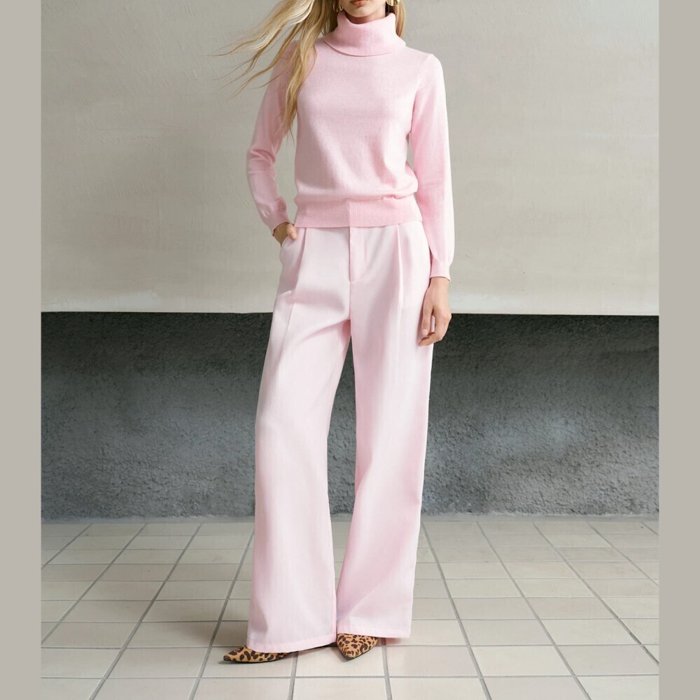 Soft Pale Pink Pleated Wide Leg Long Trousers
